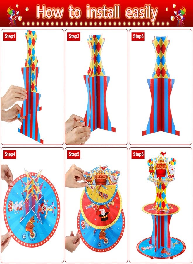 Zopeal Carnival Theme Cupcake Stand 3 Tier Circus Cardboard Cupcake Holder Tent Cake Stand Dessert Tower Holder for Carnival Circus Themed Birthday Party Decoration Supplies - Image 4